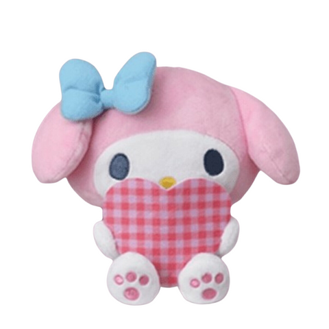 A pink my melody plushie with floppy pink ears and a blue bow. She's holding a pink gingham heart.