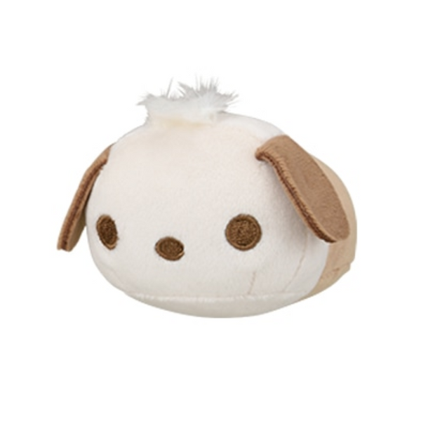 A plush of Pochacco in light sepia tones. he is squat and barrel shaped with no limbs.