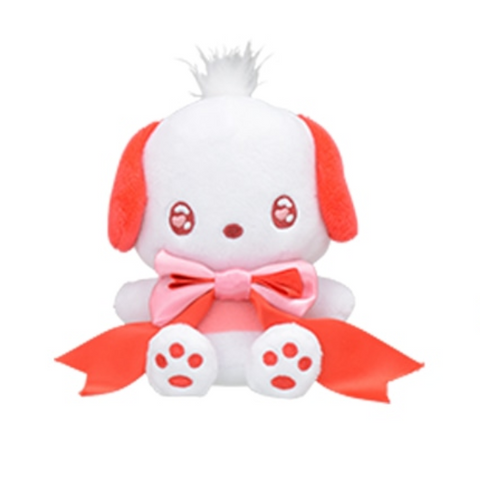 A small Pochacco plush with red ears. He's wearing an oversized silky red bowtie.