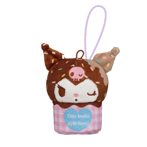 A mini plush of Kuromi in an ice cream cup. The cup is a pink and white gingham with a heart that says "this looks delicious". Her hat is a dark brown with rainbow sprinkles on it, and her face has nice embroidered details.