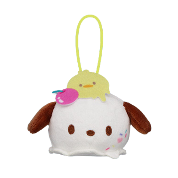 A round white and brown ice-cream scoop shaped plush of Pochacco. He has a felt decoration on his head that looks like a small baby chick and a cherry, and rainbow sprinkles on the side of his face. His face has cute embroidered details.