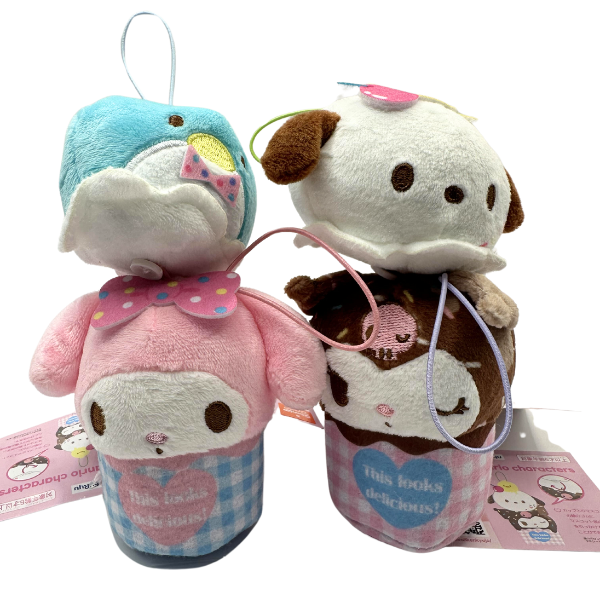 A photo of all four plush in the Sanrio Sweets series. The tuxedo sam and Pochaco ice cream scoop plushies are buttoned onto the My Melody and Kuromi ice cream cup plushies.