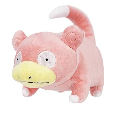 Pink slowpoke plushie with a white tail tip. He looks friendly.