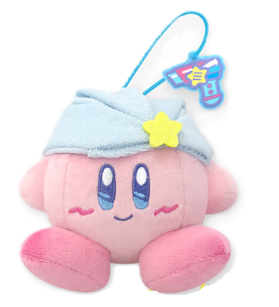 Plush kirby with a towel wrapped around his head and a small hair dryer felt charm.