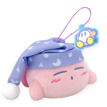 A plush sleeping kirby with a purple night cap, and a felt waddle dee charm