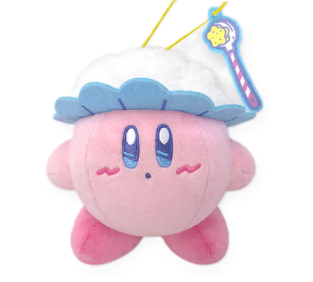A plush kirby with a bubbly plush shower cap and a back washer felt charm.