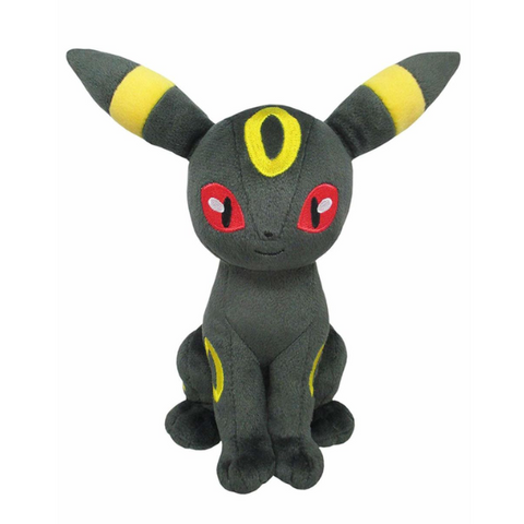 High quality, detailed Umbreon plushie in a seated position. They have red embroidered eyes and embroidered yellow markings.