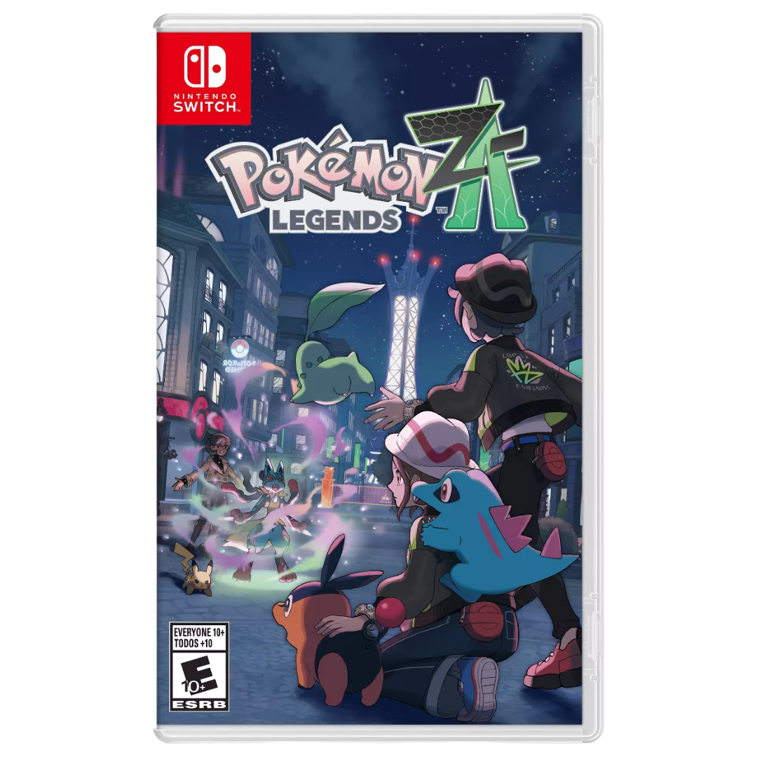 the cover art for pokemon legends ZA for switch, featuring a mega lucario, pikachu, tepig, chikorita, and totodile