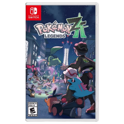 the cover art for pokemon legends ZA for switch, featuring a mega lucario, pikachu, tepig, chikorita, and totodile