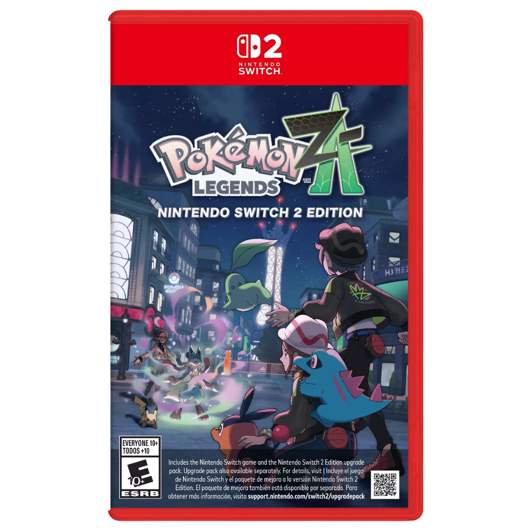 The box art for Pokemon Legends ZA Switch 2 edition. It features a mega lucario and pikachu battling a tepig, chikorita, and totodile