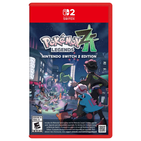 The box art for Pokemon Legends ZA Switch 2 edition. It features a mega lucario and pikachu battling a tepig, chikorita, and totodile