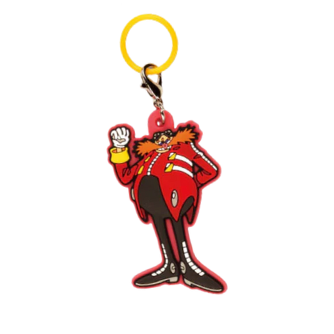 A rubber keychain of Dr. Eggman from sonic holding up a fist. He is outlined by red rubber.
