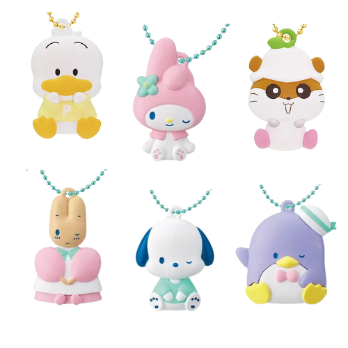 From left to right: first row, a Peckle keychain wearing a yellow shirt, My Melody keychain wearing a pink hood with a mint colored flower, Corocoro Kuririn keychain. Second row from left to right: Marron Cream keychain wearing a pink and white dress, Pochacco keychain wearing a mint colored shirt, and a purple tuxedo sam keychain wearing a mint and white sailor hat.