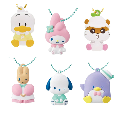 From left to right: first row, a Peckle keychain wearing a yellow shirt, My Melody keychain wearing a pink hood with a mint colored flower, Corocoro Kuririn keychain. Second row from left to right: Marron Cream keychain wearing a pink and white dress, Pochacco keychain wearing a mint colored shirt, and a purple tuxedo sam keychain wearing a mint and white sailor hat.