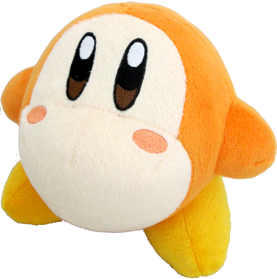 An orange waddle dee plushie from the kirby series on a white background. He has a beige face, orange cheeks, and yellow feet.