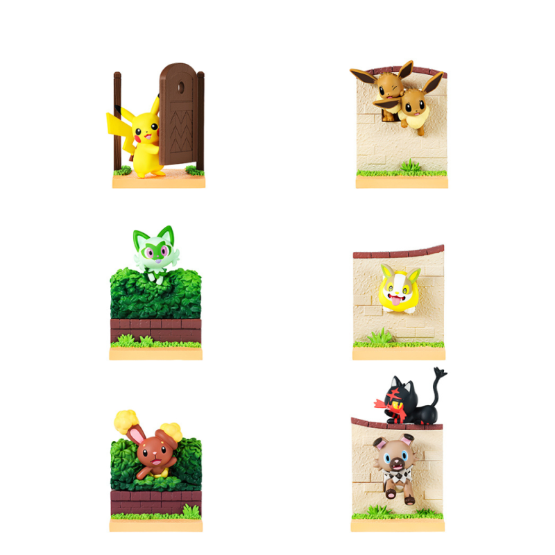 Six different Pokemon Re-Ment figures. 1. Pikachi peeking through a garden door. 2. Two eevees sticking their bodies through a hole in a cream colored fence. 3. Sprigattito popping up over a bush. 4. Yamper sticking his body through a hole in a cream colored fence. 5. Lopunny sticking his body through a bush. 6. Rockruff sticking his body through a cream colored fence. Litten sits on top of the fence.