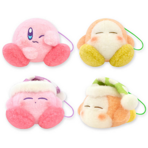 A set of four extremely fluffy kirby and waddle dee plushies with a woolly texture.