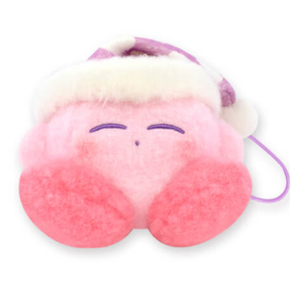 A sleeping kirby wearing a fluffy nightcap. He has a fluffy texture and is in a seated position leaned back.