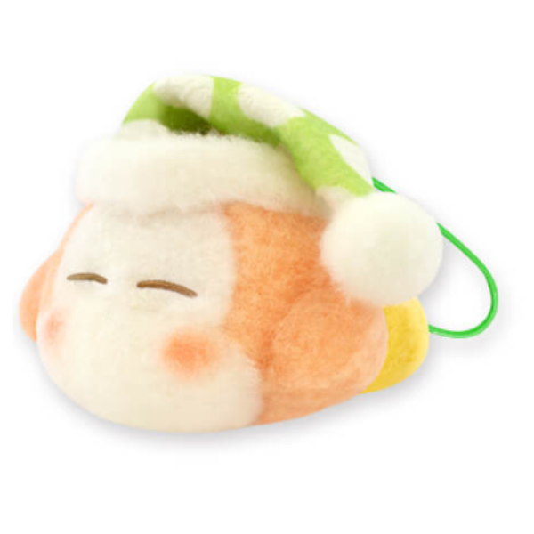 A sleeping waddle dee laying all the way down, and wearing a fluffy green nightcap. He has a soft woolly texture.