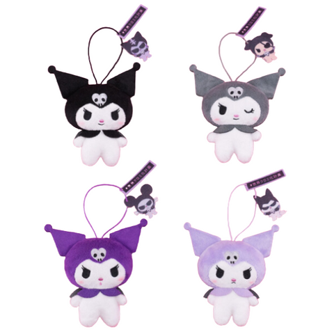 Four Kuromi mini plushies with straps. A. Black eared Kuromi with a determined smile and a felt charm. B. Grey eared Kuromi winking with a felt charm. C. Violet eared Kuromi with a neutral expression and a felt charm. D. Light purple Kuromi with an angry expression and a felt charm.