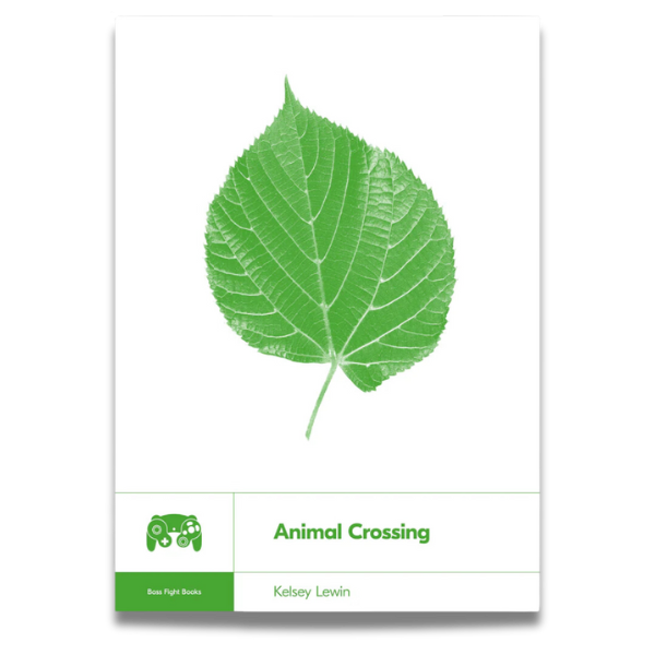 A photo of the cover of Animal Crossing, by Kelsey Lewin. The cover is white with a large green leaf in the center, and an icon of a gamecube controller.