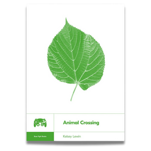 A photo of the cover of Animal Crossing, by Kelsey Lewin. The cover is white with a large green leaf in the center, and an icon of a gamecube controller.