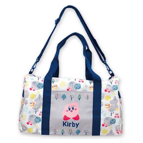 A large bag featuring images of kirby and waddle dee on a forest-inspired backdrop. The bag is an icy white color with grey and yellow touches and blue and green trees. There are two blue handles on the bag and a longer adjustable blue strap.
