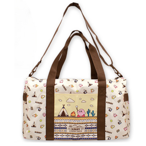 A cream colored bag with a pattern of kirby, waddle dee, tents, and s'mores sets in small icons all over the bag. The front panel has a desert-themed image of kirby roasting marshmallows by the fire, near a tent and cacti. There are two brown handles and one longer adjustable brown strap.