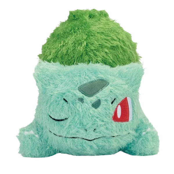 A super fuzzy plush of bulbsaur, laying down with one eye open and one eye closed. His facial details are nicely embroidered.