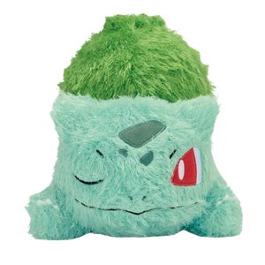 A super fuzzy plush of bulbsaur, laying down with one eye open and one eye closed. His facial details are nicely embroidered.