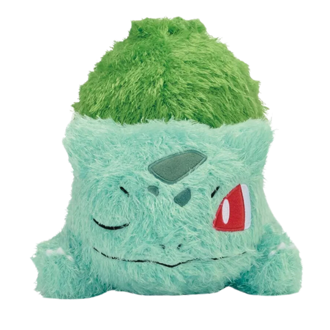 A super fuzzy plush of bulbsaur, laying down with one eye open and one eye closed. His facial details are nicely embroidered.