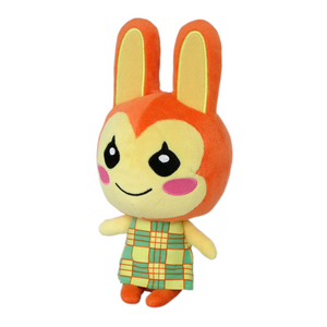 A plushie of Bunnie, the orange bunny villager. She's an orange rabbit with pink cheeks, wearing a gingham dress.