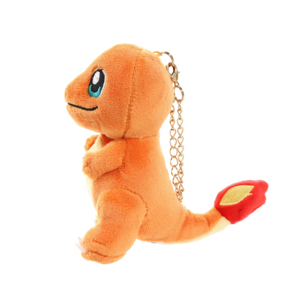 side view of small charmander plush, where you can see his plush red and yellow tail.