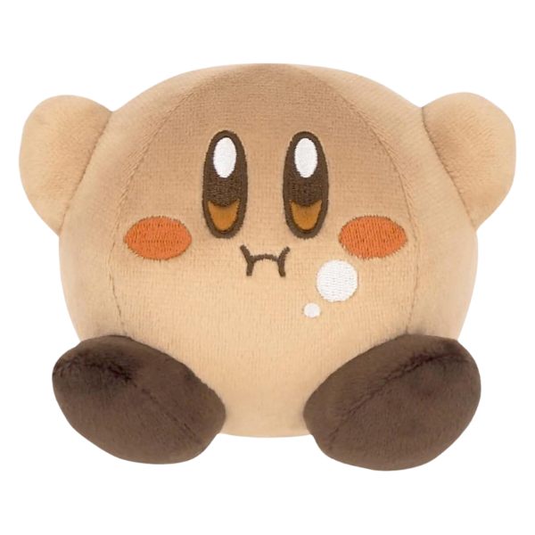 A small brown plush of Kirby with his hands up. His face and mouth details are nicely embroidered, and he has a "mouth full of food" kind of expression.