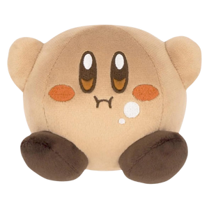 A small brown plush of Kirby with his hands up. His face and mouth details are nicely embroidered, and he has a "mouth full of food" kind of expression.