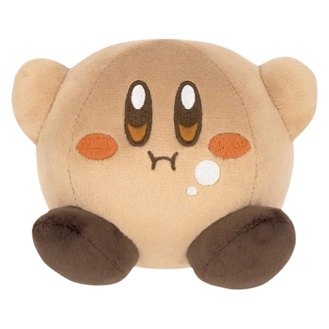 A small brown plush of Kirby with his hands up. His face and mouth details are nicely embroidered, and he has a "mouth full of food" kind of expression.