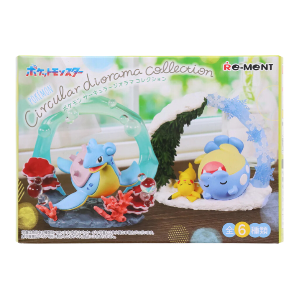 The front of the box for the Pokemon Circular Diorama collection, featuring Lapras and Spheal + Pikachu.