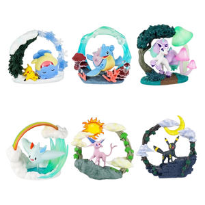 All 6 types of Circular Diorama: 1. Spheal and Pikachu rolling around in the snow, with a circular snowy frame. 2. Lapras under a circular watery frame, swimming among coral. 3. Galarean Ponyta under a circular frame of trees and glowing mushrooms. 4. Togekiss under a circular frame made up of a rainbow, a cloud, and some waves. 5. Espeon under a circular frame of the sun, clouds, and some ivy-lined branches. 6. Espeon under a circular frame of the moon, clouds, and some ivy-lined branches.