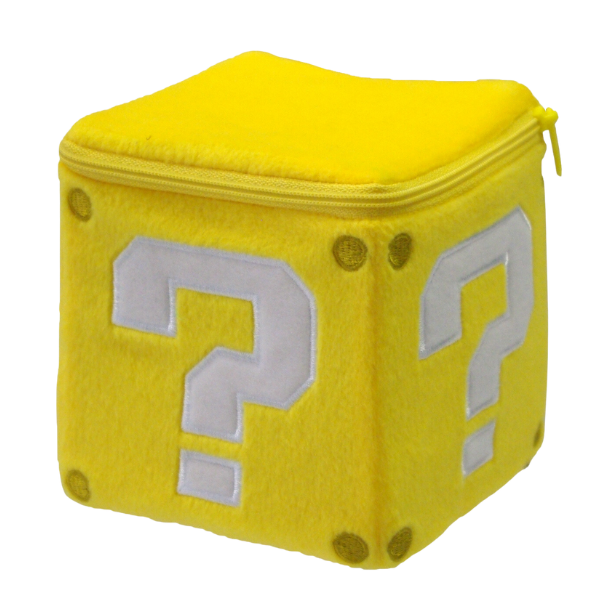 A sturdy square plush of a yellow question mark block from the Super Mario series. The question mark and rivets are nicely embroidered, and there's a yellow zipper along the top border.