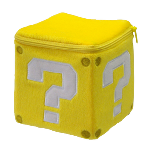 A sturdy square plush of a yellow question mark block from the Super Mario series. The question mark and rivets are nicely embroidered, and there's a yellow zipper along the top border.