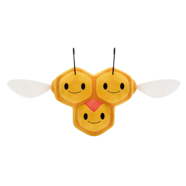 A large yellow and orange plush of combee, complete with stiff white wings and antennae. The faces are all smiling.