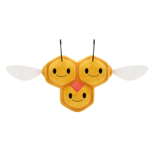 A large yellow and orange plush of combee, complete with stiff white wings and antennae. The faces are all smiling.