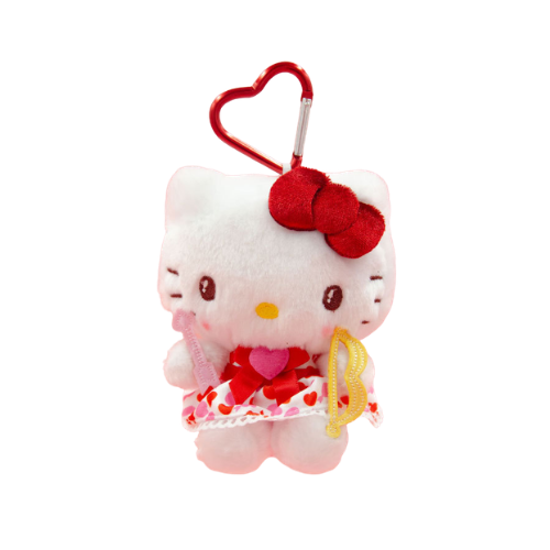 A pink and white Hello Kitty plush keychain. She is wearing white and red heart-print dress, has a red bow near her right ear, and is wielding a yellow archer's bow. A red heart-shaped clip is attached to her head.