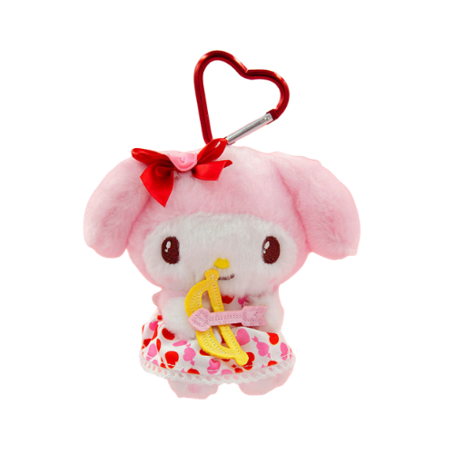 A pink and white My Melody plush keychain. She is wearing white and red heart-print dress, has a red bow near her left ear, and is wielding a yellow archer's bow with a pink arrow. A red heart-shaped clip is attached to her head.