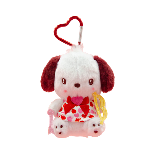A pink and white Pochacco plush keychain. He is wearing white and red heart-print shirt, has a red bowtie, and is wielding a yellow archer's bow. A red heart-shaped clip is attached to his head.