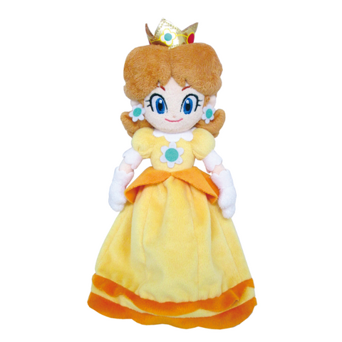 A highly detailed plushie of Princess Daisy. She is wearing a yellow gown with orange details, felt flower bodice detail, and white gloves. She also has felt flower earings and a metallic crown on her head, and her face is nicely embroidered.