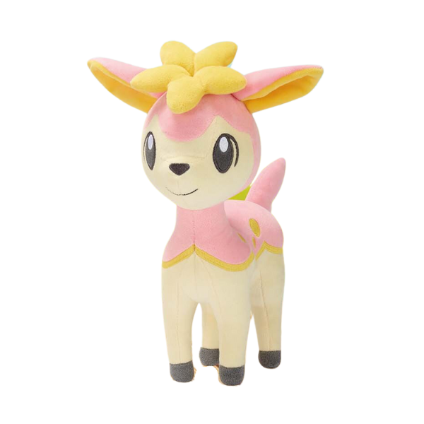 A large pink and beige plush of Deerling in its spring form. The facial details are nicely embroidered, and the yellow flower on his head is a nice thick plush.