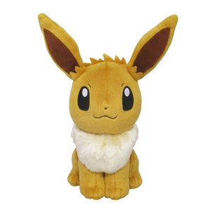 A brown smiling eevee plush with a very fluffy white fur collar.