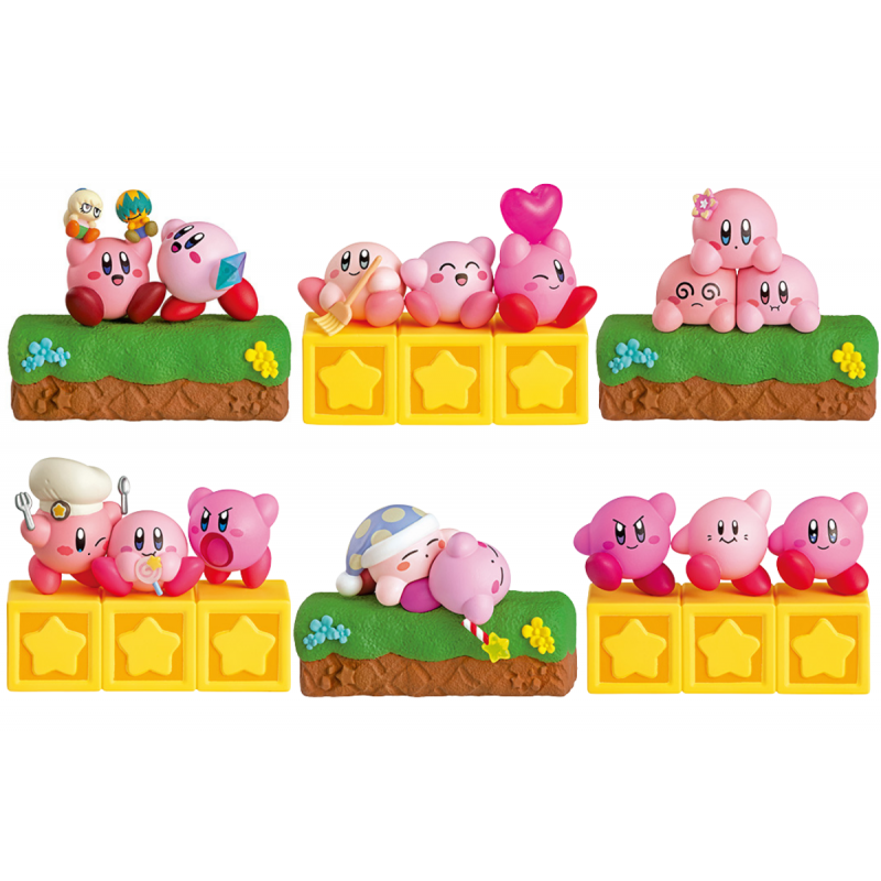 6 types of kirby figures: A. two kirbys on a grassy block. One is holding a crystal shard and the other is holding tiff and tuff. B. 3 Kirby's smiling on three star blocks. C. three Kirbys on a grassy block, stacked in a pyramid. D. three Kirby's on star blocks. One has a chef hat, one is holding a lollipop, and one is inhaling. E. Two kirby's sleeping on a grassy block. One is in a nightcap. F. Three kirbys doing the stage clear victory pose on star blocks.