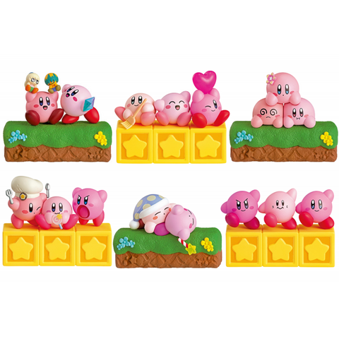 6 types of kirby figures: A. two kirbys on a grassy block. One is holding a crystal shard and the other is holding tiff and tuff. B. 3 Kirby's smiling on three star blocks. C. three Kirbys on a grassy block, stacked in a pyramid. D. three Kirby's on star blocks. One has a chef hat, one is holding a lollipop, and one is inhaling. E. Two kirby's sleeping on a grassy block. One is in a nightcap. F. Three kirbys doing the stage clear victory pose on star blocks.
